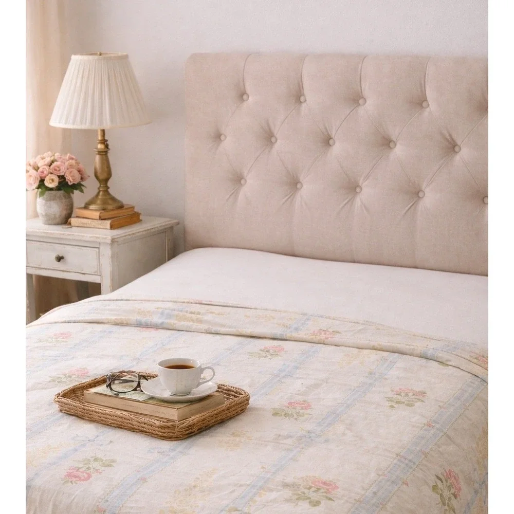 Vintage Cottagecore Full Flat Sheet Pink Roses Blue‎ Bows Eyelet Lace Trim White
